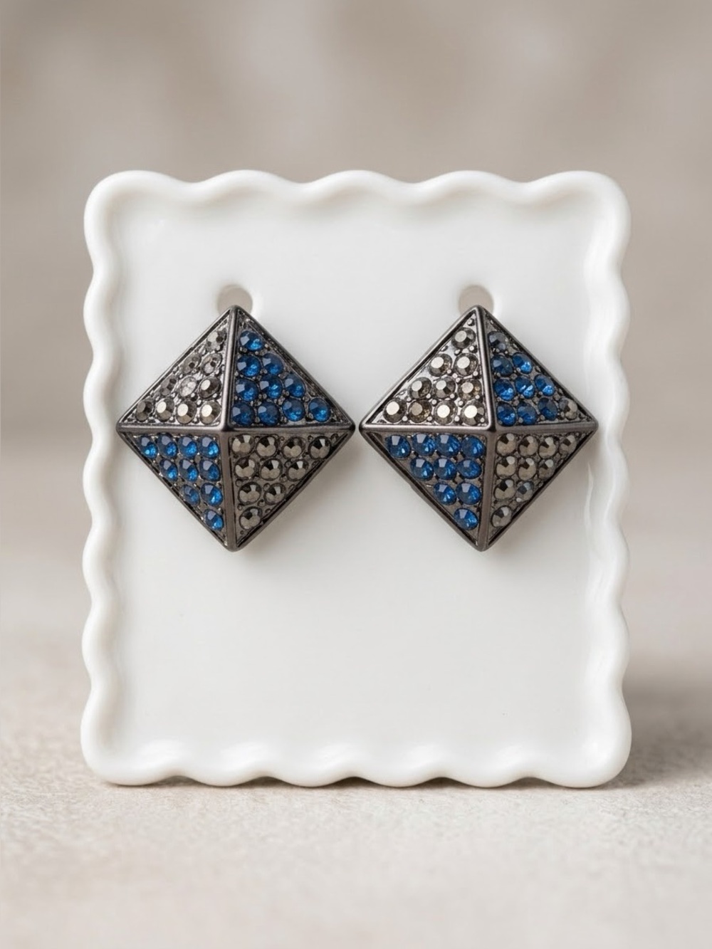 Blue & Black Pyramid Stud Earrings | Geometric Pavé Crystal Gunmetal Stud